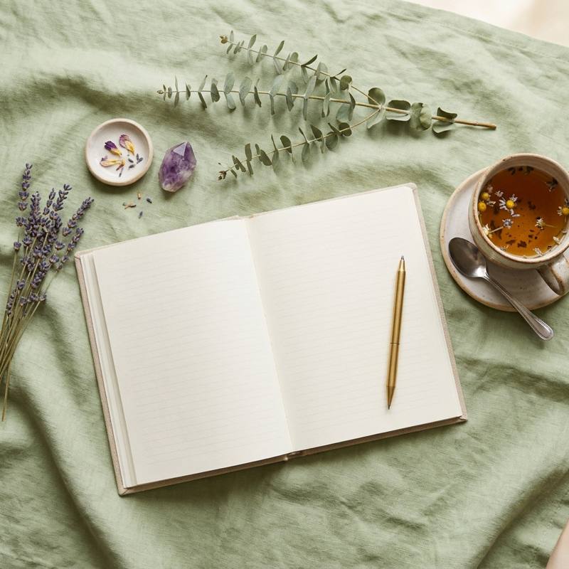 Journal and herbal tea flat lay